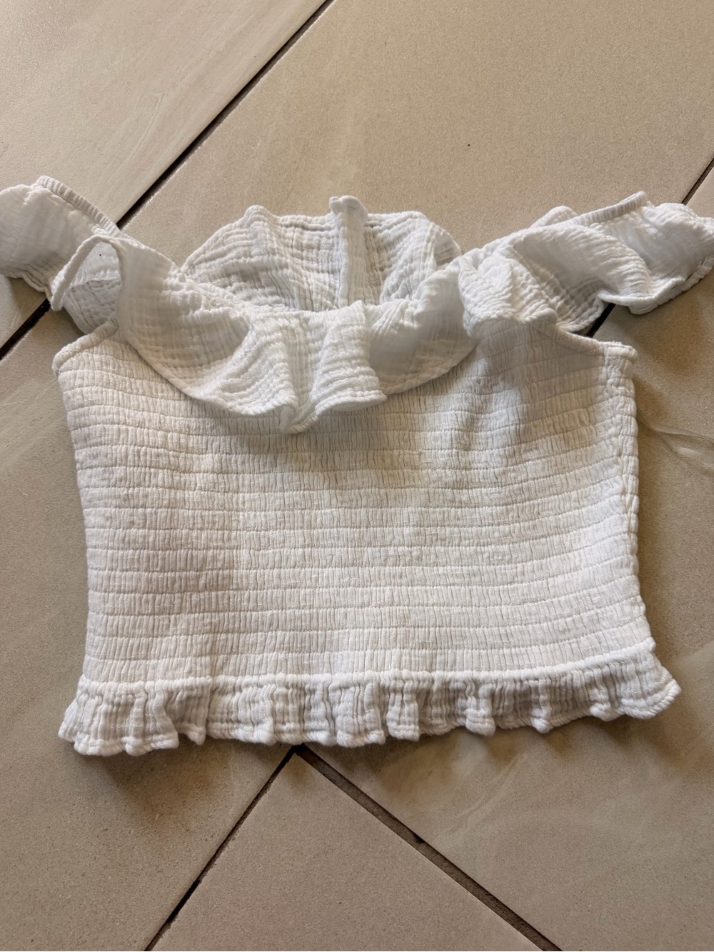 American Eagle Outfitters White Smocked Ruffle Crop Top